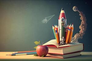 libri e matite con razzo schizzo. illustrazione ai generativo foto