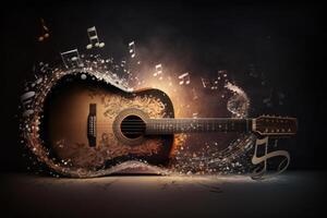 festivo sfondo con chitarra e musicale Appunti. illustrazione ai generativo foto