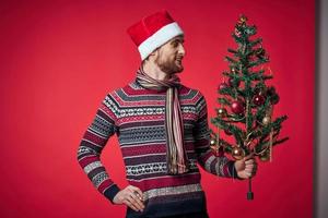 allegro uomo con un' albero nel il suo mani ornamenti vacanza divertimento studio in posa foto