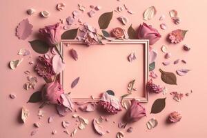 un' floreale telaio con rosa fiori e petali su un' rosa sfondo. illustrazione ai generativo foto