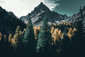 stilizzato verticale panorama di foresta nel il francese Alpi. illustrazione ai generativo foto