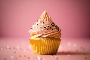 compleanno Cupcake su rosa. illustrazione ai generativo foto