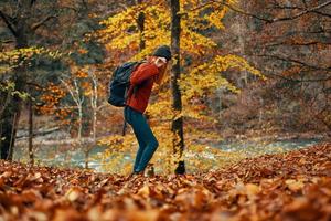 donna nel un' maglione jeans e con un' cappello su sua testa paesaggio caduto le foglie modello foto