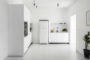 il interno di un' minimalista cucina con bianca muri. illustrazione ai generativo foto