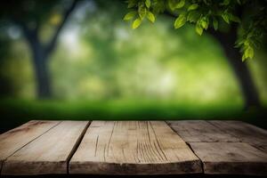 natura sfondo e tavolo legna per Prodotto Schermo. illustrazione ai generativo foto