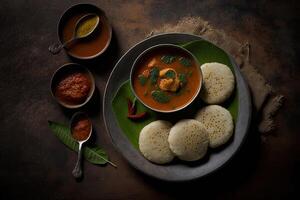 idli sambar o idli con sambhar e verde rosso chutney illustrazione ai generativo foto