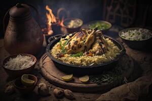 occidentale Arabo cibo yemenita cibo. pollo con Riso. illustrazione ai generativo foto