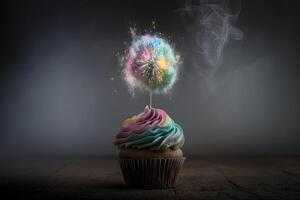 pastello arcobaleno compleanno Cupcake con scintillante. illustrazione ai generativo foto