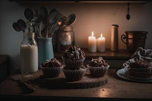 cioccolato cupcakes nel un' rustico cucina. illustrazione ai generativo foto
