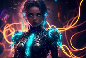 cyborg ragazza nel neon stile. robot donna. ai generato foto