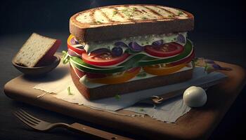 Sandwich su tavolo, gustoso cibo illustrazione. generativo ai foto