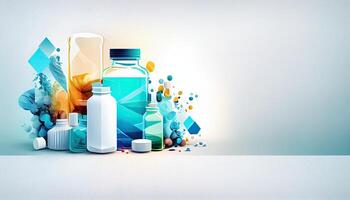 farmacologia e prodotti farmaceutici, assistenza sanitaria sfondo con copia spazio. generativo ai illustrazione foto