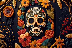 dia de los muertos sfondo giorno di il morto arte decorazione, ossatura cranio fiore ornamento vacanza sfondo, generativo ai foto