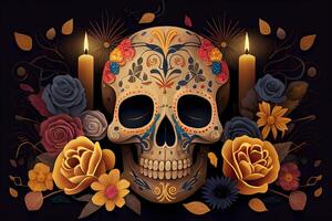 dia de los muertos sfondo giorno di il morto arte decorazione, ossatura cranio fiore ornamento vacanza sfondo, generativo ai foto