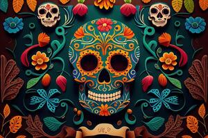 dia de los muertos sfondo giorno di il morto arte decorazione, ossatura cranio fiore ornamento vacanza sfondo, generativo ai foto