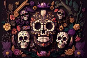 dia de los muertos sfondo giorno di il morto arte decorazione, ossatura cranio fiore ornamento vacanza sfondo, generativo ai foto