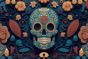 dia de los muertos sfondo giorno di il morto arte decorazione, ossatura cranio fiore ornamento vacanza sfondo, generativo ai foto