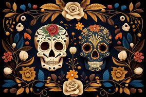 dia de los muertos sfondo giorno di il morto arte decorazione, ossatura cranio fiore ornamento vacanza sfondo, generativo ai foto