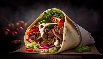 gustoso doner kebab shawarma rotolo avvolgere illustrazione. generativo ai cibo foto