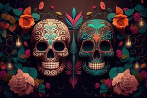 dia de los muertos sfondo giorno di il morto arte decorazione, ossatura cranio fiore ornamento vacanza sfondo, generativo ai foto