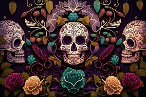 dia de los muertos sfondo giorno di il morto arte decorazione, ossatura cranio fiore ornamento vacanza sfondo, generativo ai foto