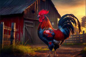 luminosa Gallo su il azienda agricola. uccello nel il campagna. ai generato foto