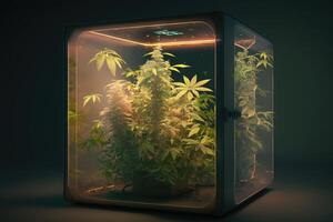 canapa growbox concetto, marijuana pianta fioritura nel scatola generativo ai foto