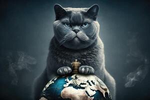 gatto regola il mondo generativo ai. gatto detiene e controlli pianeta globo foto