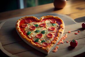 cuore sagomato italiano Pizza. delizioso pasticcini. ai generato foto