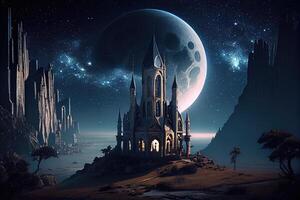 magico Gotico scuola Cattedrale a notte con enorme Luna sfondo, generativo ai foto