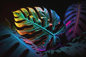 neon tropicale Monstera foglia sfondo. illustrazione ai generativo foto