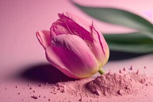 un' bellissimo rosa tulipano dire bugie su rosa polvere. illustrazione ai generativo foto