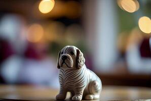 porcellana cane sta su un' di legno tavolo. sfocato camera sfondo. ai generato foto