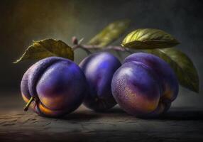 tre maturo prugne menzogna su il tavolo. viola frutta. ai generato foto