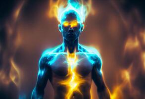 neon umano aura su un' buio sfondo. ai generato foto