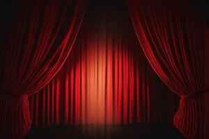 Magia Teatro palcoscenico rosso le tende mostrare riflettore. illustrazione ai generativo foto