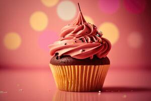 compleanno Cupcake su rosa. illustrazione ai generativo foto