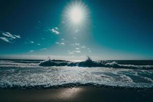 paesaggio di un' ondulato mare sotto il luce del sole e un' blu. illustrazione ai generativo foto