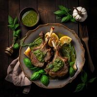 agnello braciole preparato con pesto salsa. illustrazione ai generativo foto