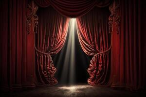 Magia Teatro palcoscenico rosso le tende mostrare riflettore. illustrazione ai generativo foto