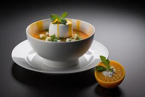 mandarino Gazpacho dolce servito nel un' bianca ciotola. illustrazione ai generativo foto
