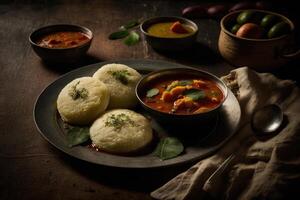 idli sambar o idli con sambhar e verde rosso chutney illustrazione ai generativo foto