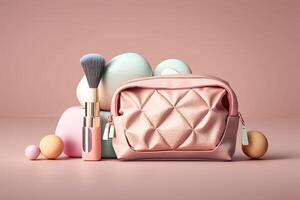 rosa trucco Borsa con cosmetico prodotti. illustrazione ai generativo foto