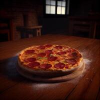 peperoni Pizza su Marrone Di legno. illustrazione generativo ai foto