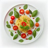 spaghetti con ciliegia pomodori e basilico. generativo ai foto