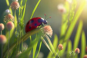 carino verde primavera prato con fiori e coccinella generativo ai foto