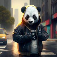 realistico carino panda nel strada indossare su il strada di grande città. generativo ai foto