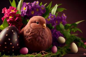 contento Pasqua saluto sfondo con colorato uova e coniglietto. generativo ai foto