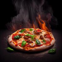 Pizza su nero tavola con fuoco. illustrazione generativo ai foto