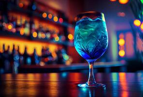 un' bicchiere con un' bellissimo cocktail sta su il bar contatore nel un' discoteca. ai generato foto